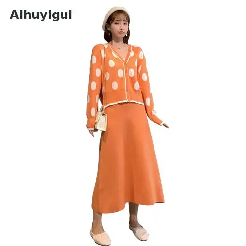 Aihuyigui Новое поступление Модный женский желтый трикотажный свитер и юбка в