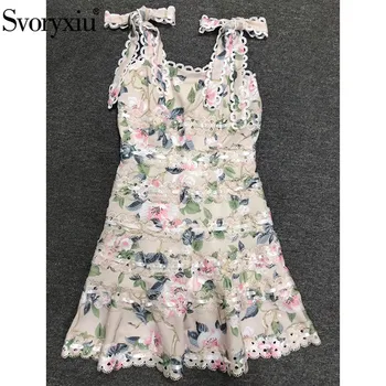 

Svoryxiu Summer Style Flower Print Bow Spaghetti Strap Mini Dresses Women's Lace Embroidery Runway High Quality Dress 2020