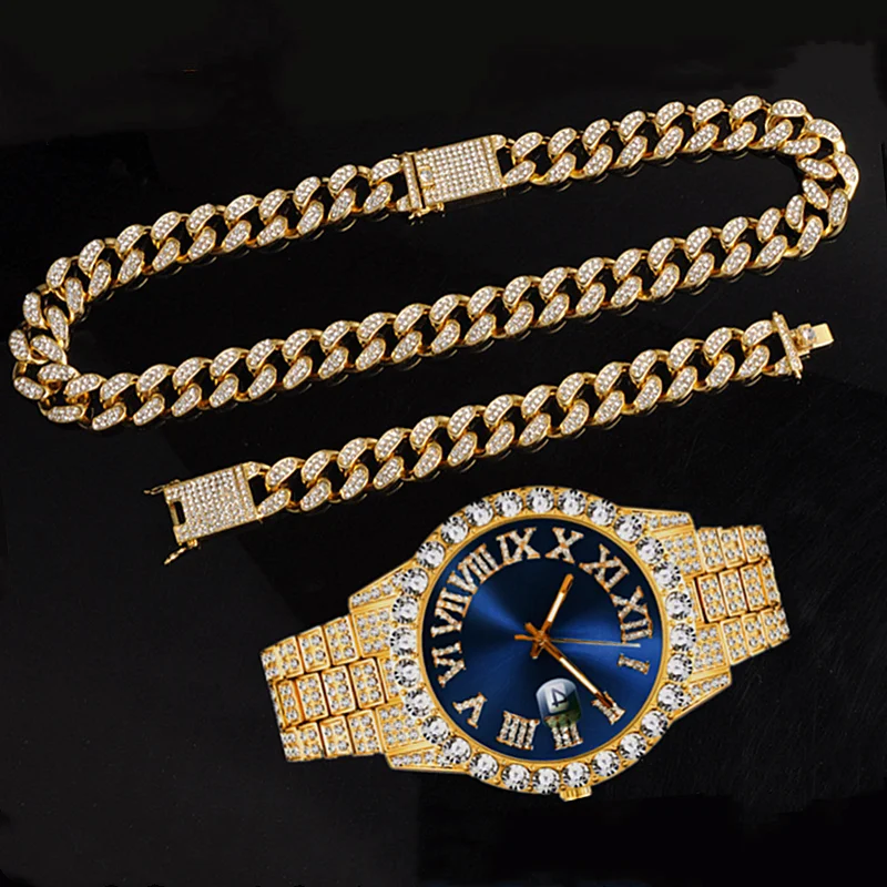 Luxury Gold Watch for Men Full Iced Out Watch Men Bling Miami Cuban Link Chain Rhinestone Bracelet Necklace Jewelry Set Relogio