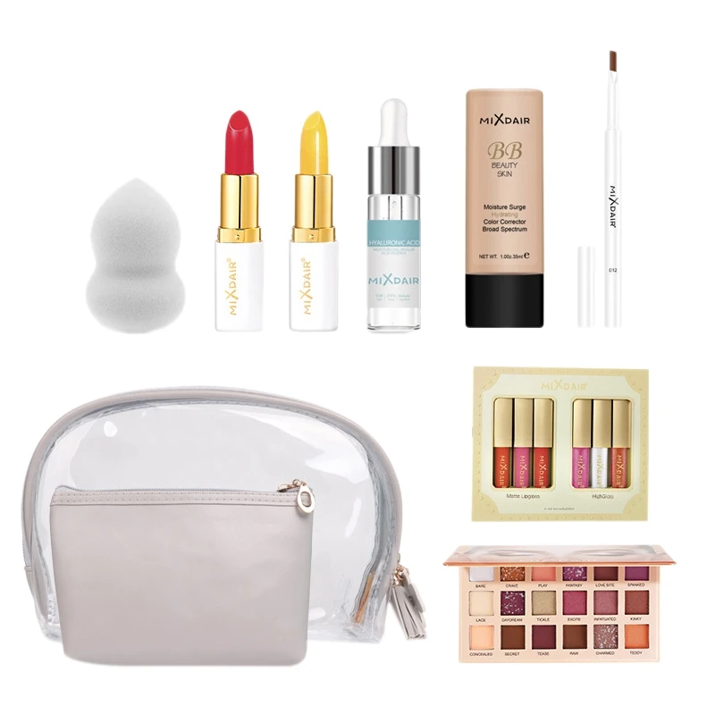 

Mixdair Luxury 9 Pcs Makeup Set Eye Shadow Lip Balm Hyaluronic Acid Serum Liquid Matte Lipsticks with Cosmetic Bag Beauty