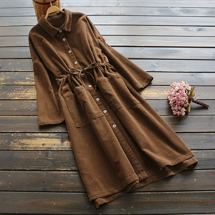 

6849 New Style Autumn WOMEN'S Dress Japanese-style Loose-Fit Slimming Retro Waist Hugging Corduroy Long-sleeved Dress in Skirt