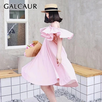 

GALCAUR Patchwork Ruffle Dress Woman Slash Neck Butterfly Sleeve Off Shoulder High Waist Female Dresses 2020 New Summer Fashion