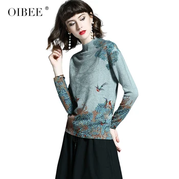 

OIBEE2019 autumn new women's sweater short fashion print ladies winter half high collar pullover shirt