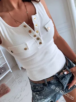 

OUSHANG Women Solid Round Neck Sleeveless Buttoned Design Ribbed Top Women Button BULE WHITE BLACK