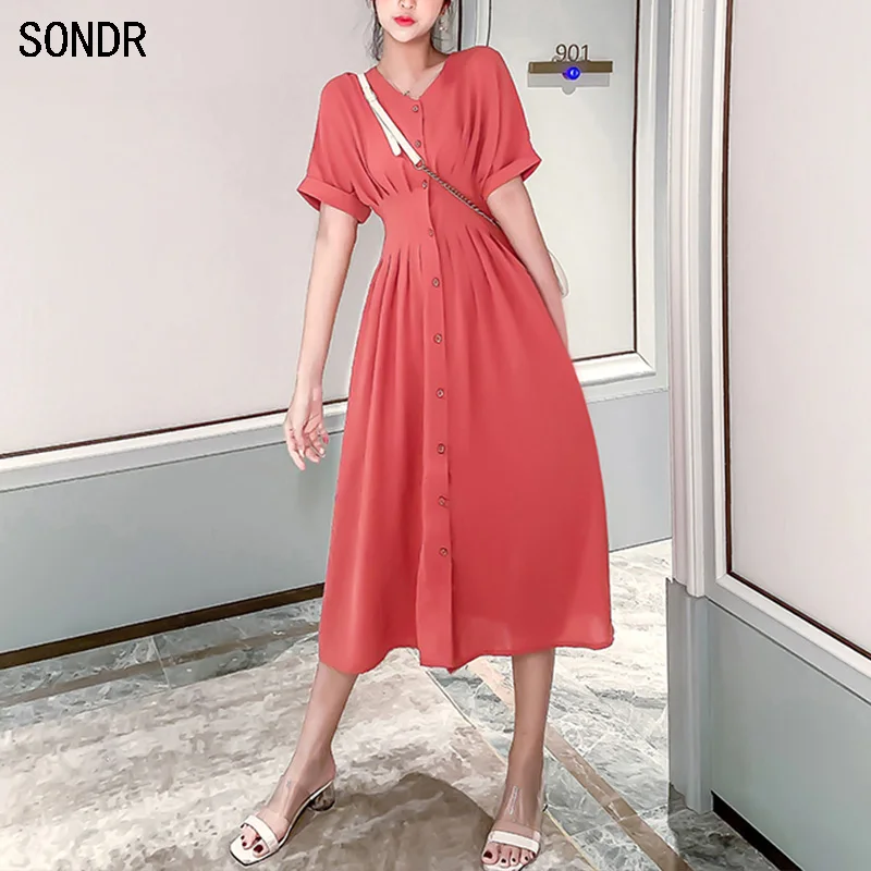 

2020 Women Summer Vintage Style Dresses V-Neck Pleated Dress Slim Banded Waist Button Front V-Neck Linen Retro Holiday Dress