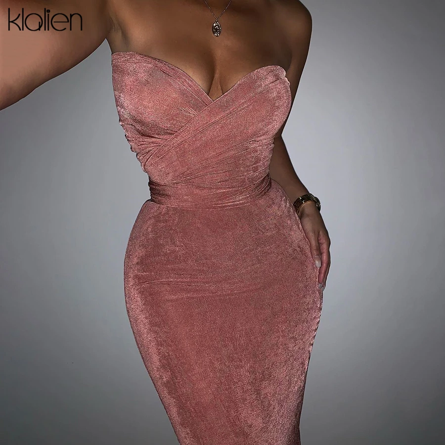 KLALIEN Autumn Elegant stretch Slim off shoulder midi Dress women fall winter Sexy club Party night Strapless bodycon Dress