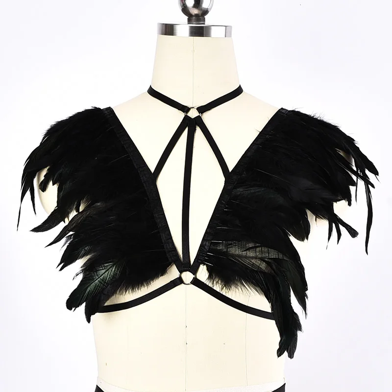 

Black Feather Harness Bralette Crop Tops Epaulettes Shoulder Wings Steampunk Goth Rave Fetish Exotic Wear Festival BurningMan