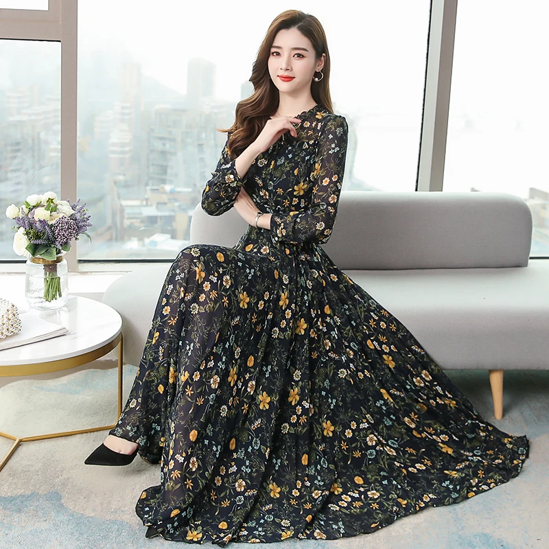 Women's Long Sleeve Broken Flower Print Chiffon Dress - Party and Casual Pink Dresses image 4