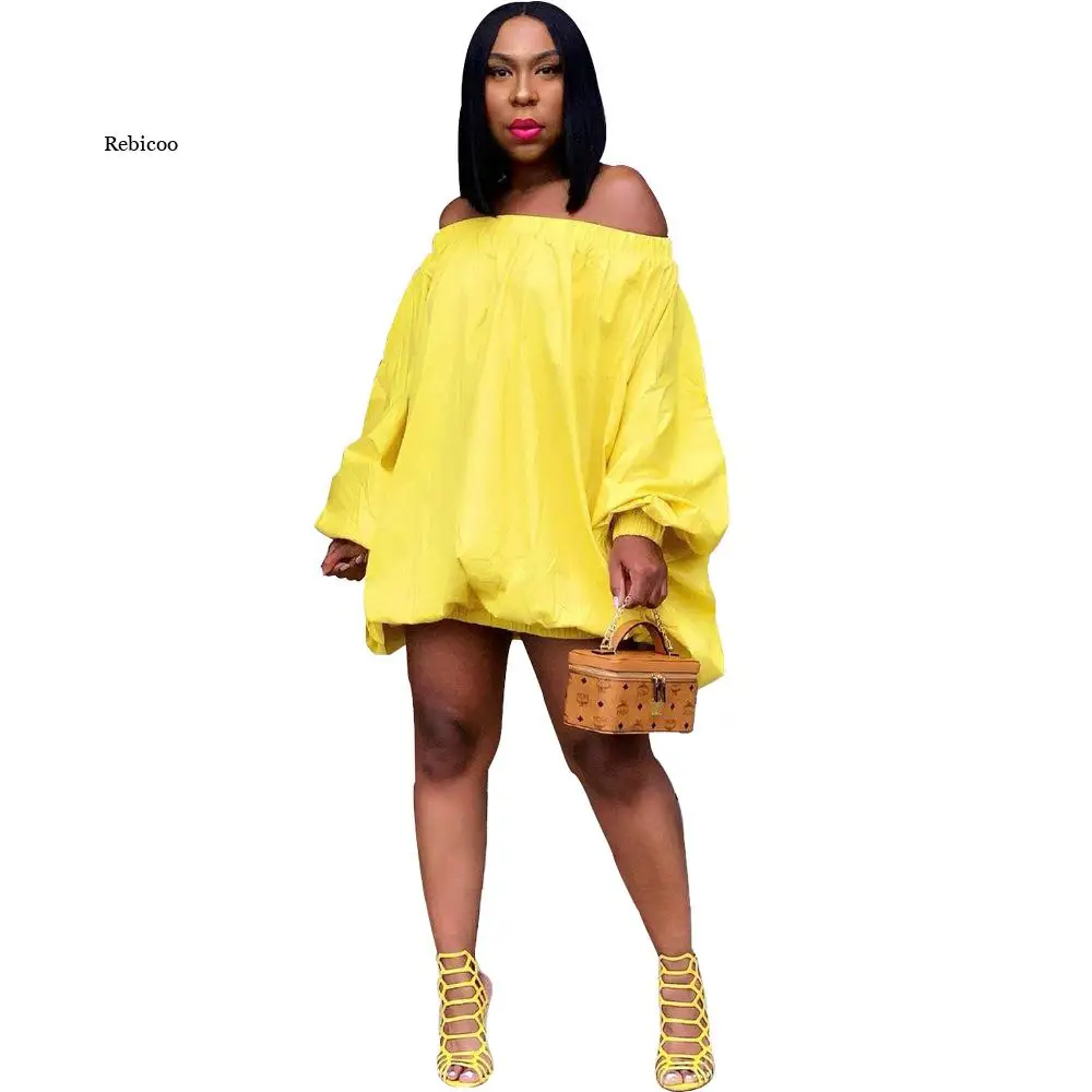 

Off The Shoulder Slash Neck Long Puff Sleeve Loose Short Dress Women Fashion Casual Solid Backless Night Club Partywear Dresses