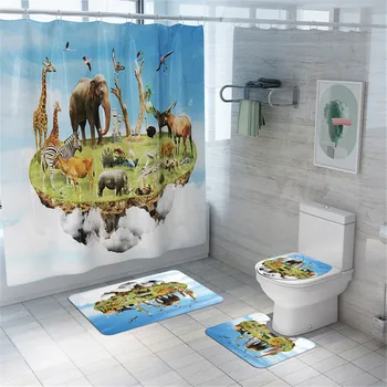 

4 Pcs / Set Animals Elephant Shower Curtain Bath Rug Set Toilet Cover Bath Mat Set Bathroom Accessories Curtains