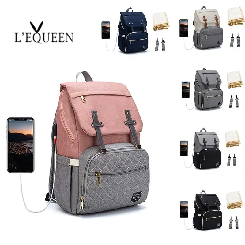 

LEQUEEN USB Diaper Bag Large Capacity Nappy Bag Organizer with Changing Pad Backpack Mommy Bag Baby Stroller Bag