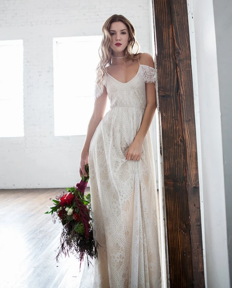 Boho sem costas vestido de casamento renda praia longo barato