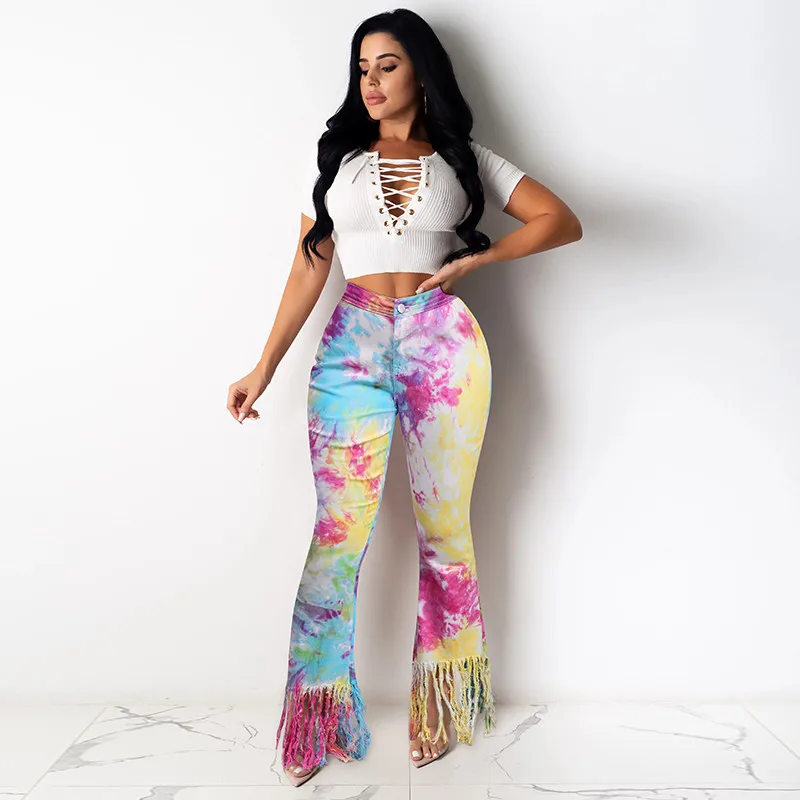 Женские джинсовые брюки с принтом Tie Dye облегающие длинные скинни бахромой и