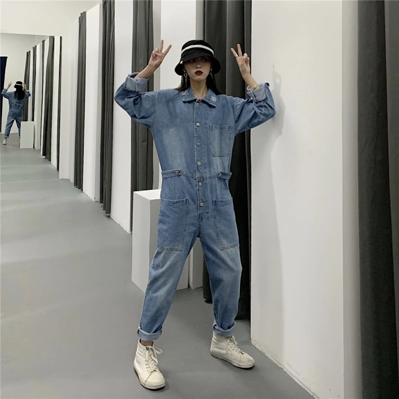 Kpop джинсовый комбинезон женский комбинезон с длинным рукавом узкая талия светло-голубой мешковатый bf стиль комбинезон джинсовый тренд