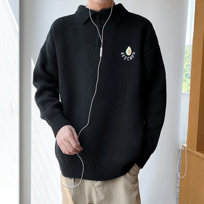 Sweater autumn men's fashion loose embroidered sweater knit men's lapel personality solid color long-sleeved pullover sweater Sweater autumn men's fashion loose embroidered sweater knit men's lapel personality solid color long-sleeved pullover sweater