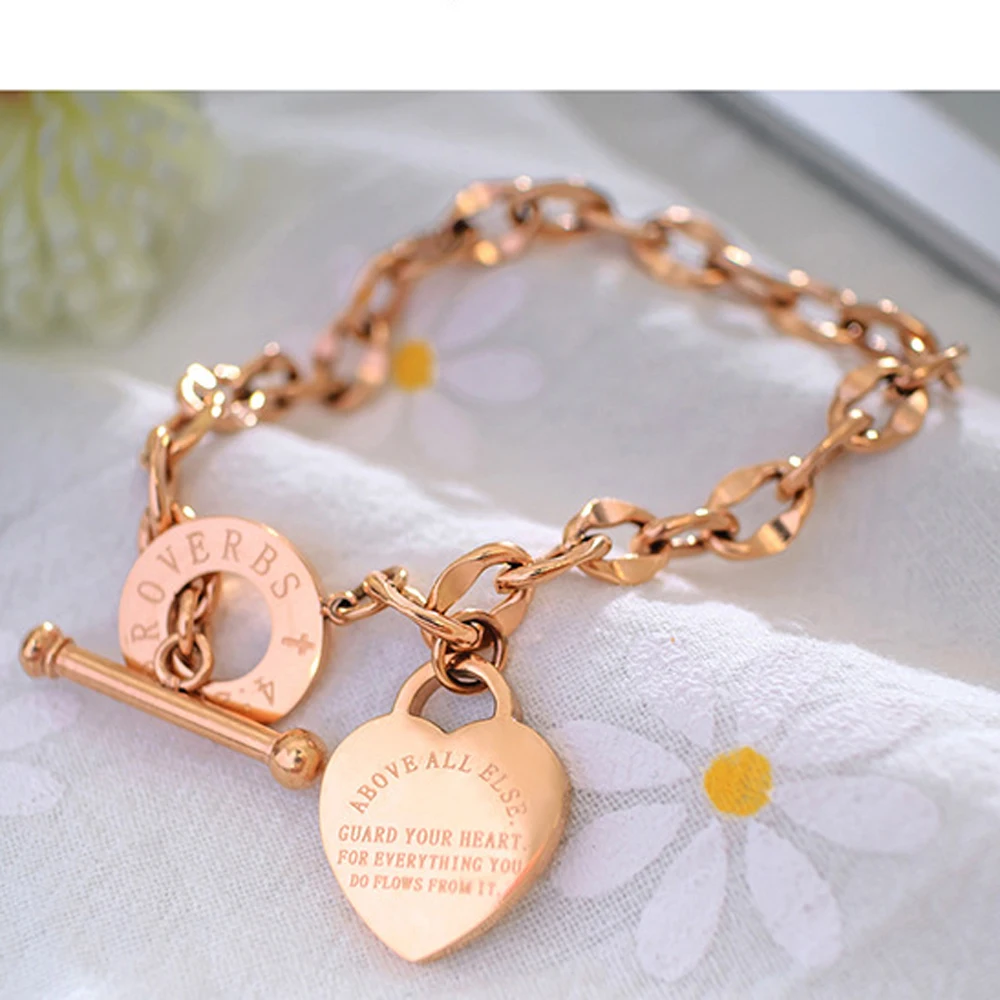 Stainless Steel Love Heart Bracelets For Women Party Gift Fashion Joyas de Chain Charm Bracelets Jewelry Wholesale Text Engraved