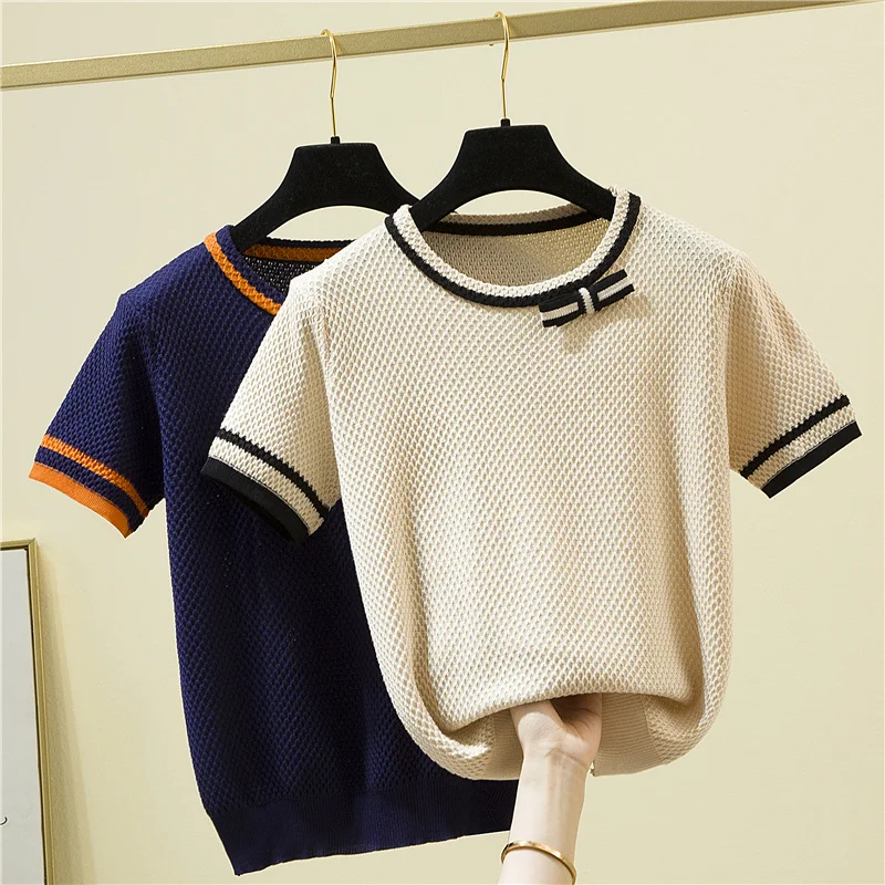 Korean Fashion Bow Patchwork Short Sleeve T-Shirt Women Elegant Summer Knitted Tees Office O-Neck Thin Woman Tshirt Tops Female