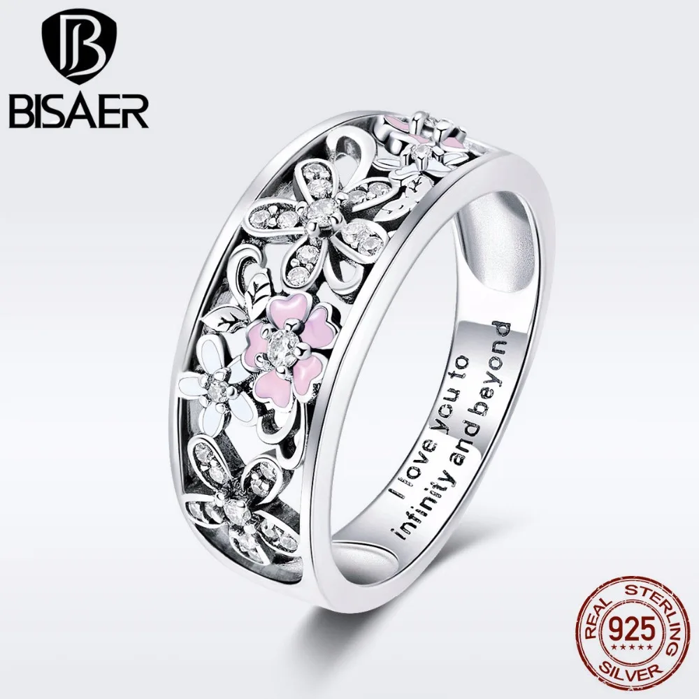 Женское кольцо с ромашками BISAER серебряное из серебра 925 пробы надписью I Love You для коктейлей и свадьбы