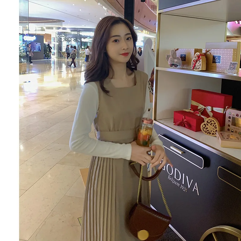 

2020 Spring New Style Square Collar Sleeveless High-waisted Side Edge Pleated Mid-length Vest Skirt Dress Spring Clothing Skirt