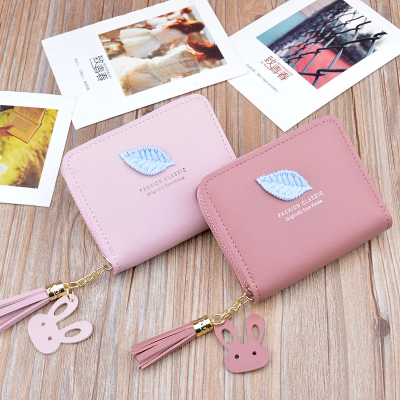 New women's wallet leather zipper tassel mini coin key case Korean student leaves simple small wallet