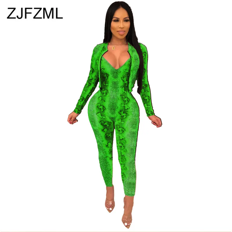 

Snake Print Sexy 2 Piece Set Club Outfits Women Deep V Neck Bodycon One Piece Jumpsuit + Long Sleeve Crop Coat Noen Matching Set