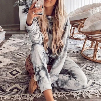 

Ukii Long Sleeve Tie Dye Pajamas Women 2020 Lounge Wear Homewear 2 Pcs Set Warm Sleepwear With Plus Size Casual Outfits Dropship