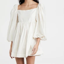 Vestido branco para meninas de algodão elegante gola quadrada lanterna manga curta a linha vestido de festa feminino casual macio vestido de verão 2021