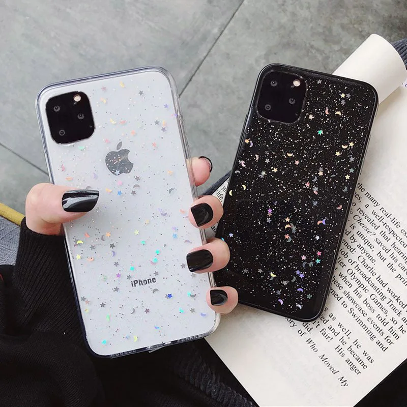 Прозрачный блестящий чехол со звездами для iphone 12 11 Pro XS MAX mini se 2020 7 8 plus XR мягкий из