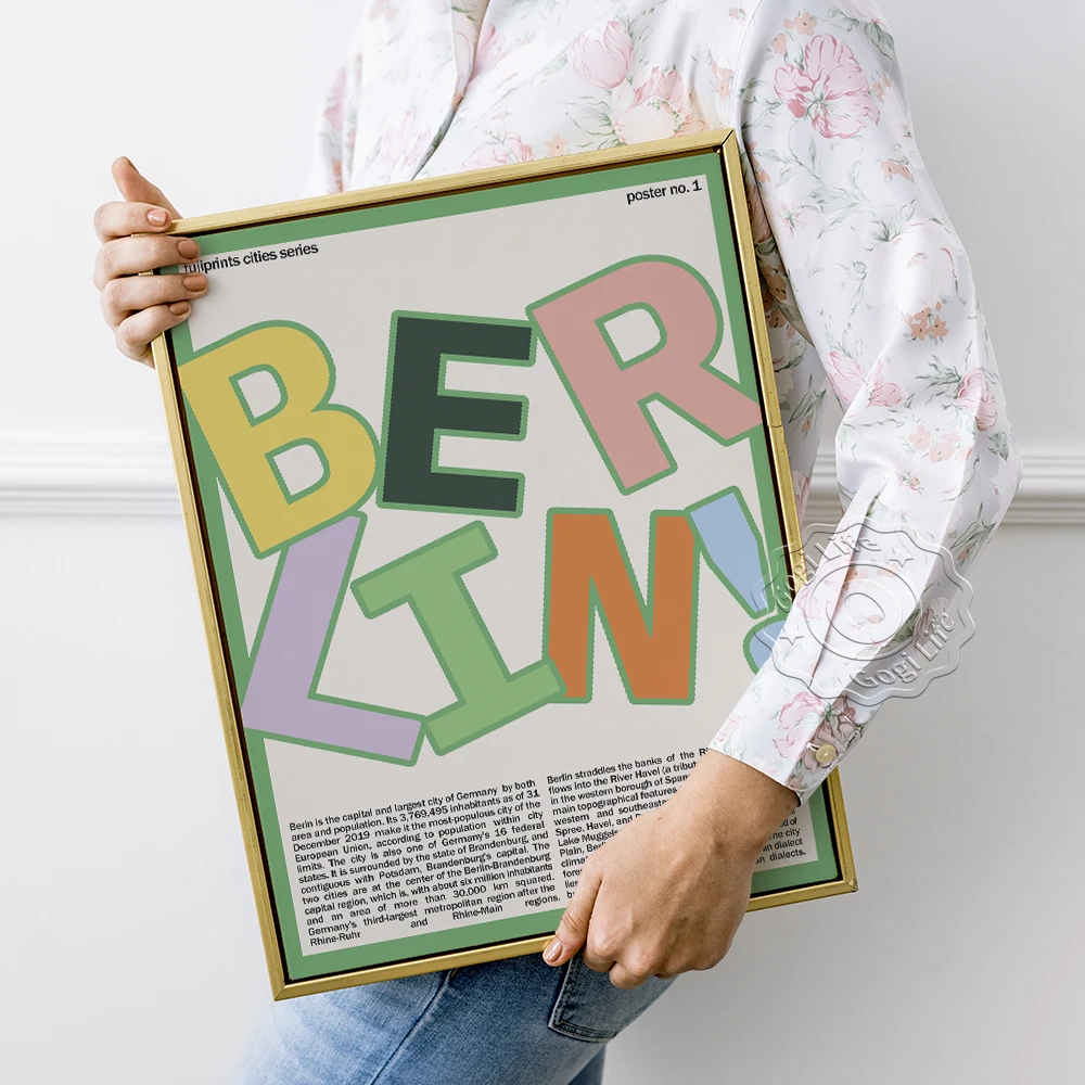 

Fujiprints Cities Series Retro Art Poster, Germany Berlin Colored Letter Pattern Wall Picture, Berlin Modern Art Canvas Painting