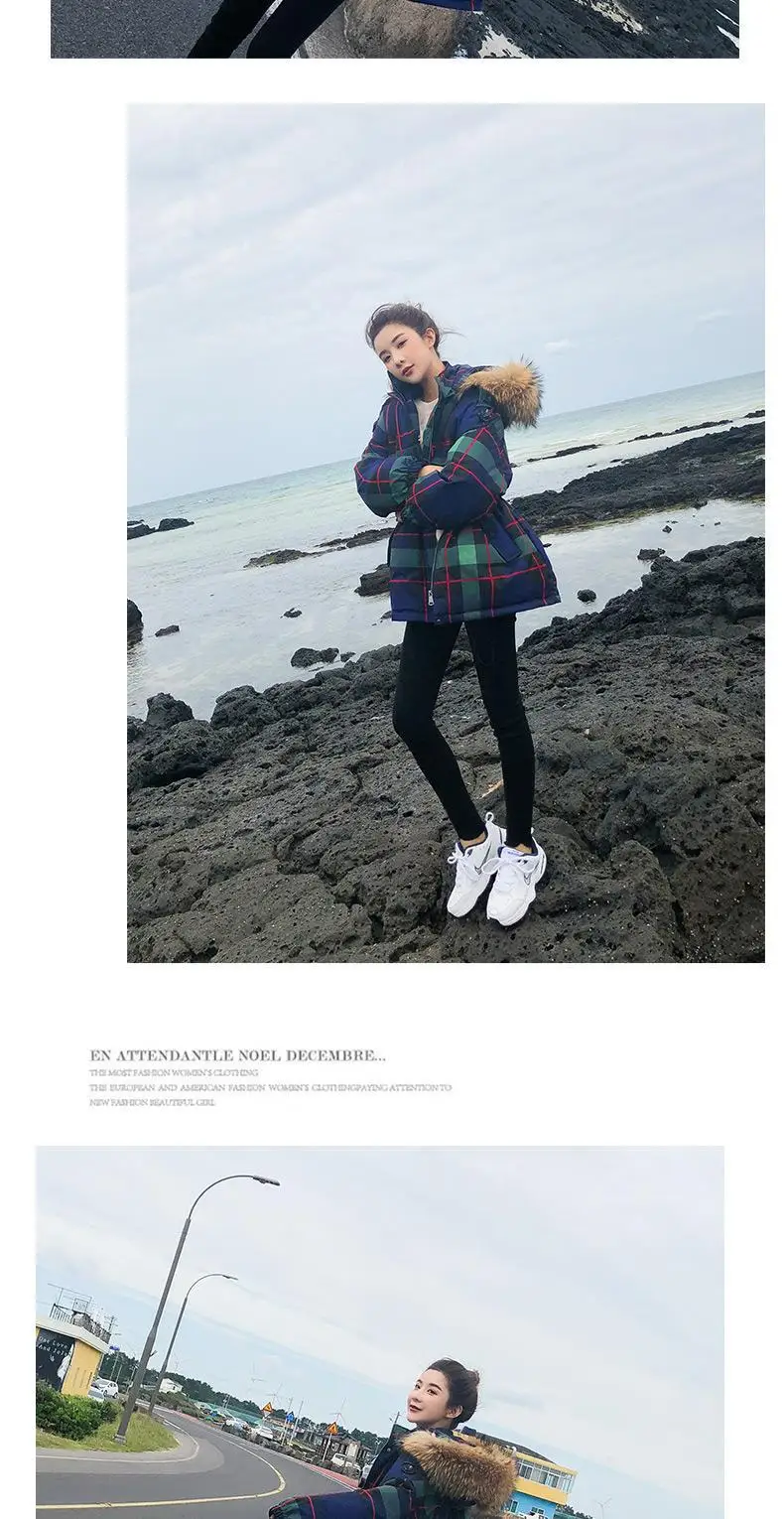 Large Fur Collar Cotton-padded Clothes Women's New Style Autumn And Winter Plaid Cotton-padded Jacket Slim Fit Students Sho