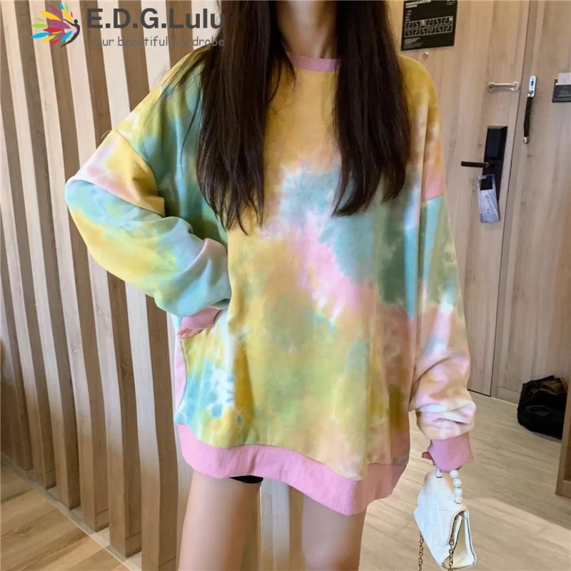 EDGLuLu женские осенние Топы пуловер с принтом tie dye осенне-зимний женский мешковатый свитер с круглым вырезом и длинным рукавом милый пуловер