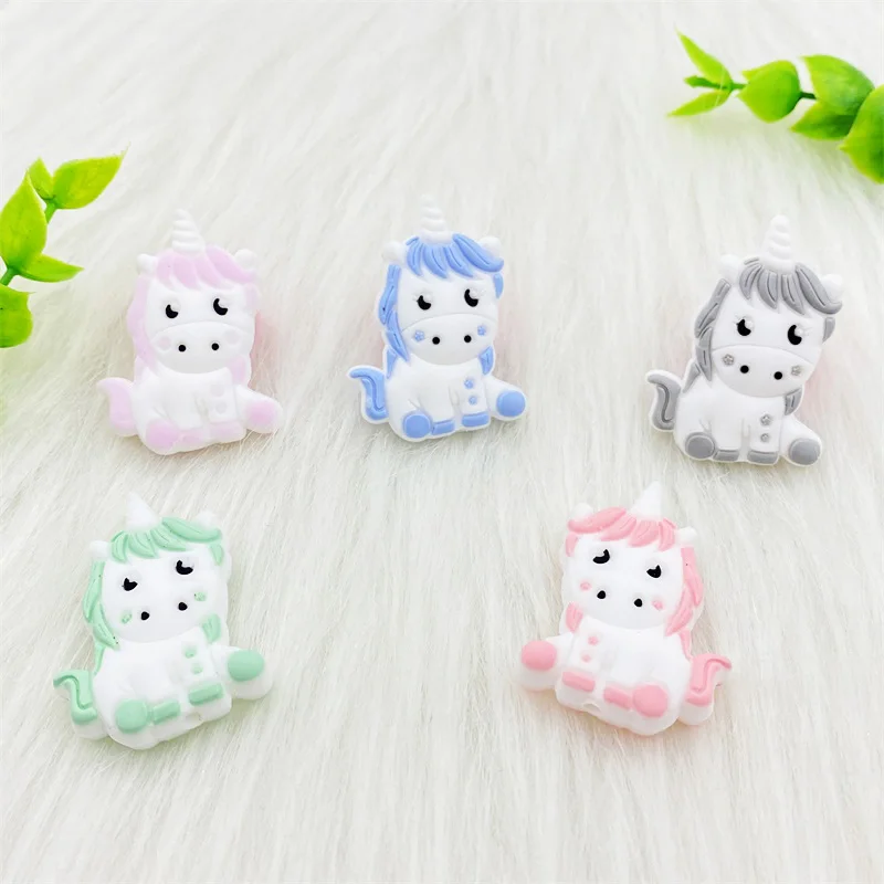 10pcs /lot Cartoons Animal Silicone Unicorn Baby Teether Beads  Pacifier Clip Chain Newborn Shower Gifts Accessories Teething 4