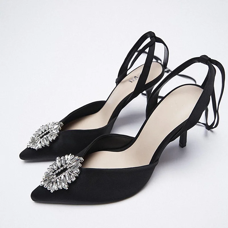 

Spring and summer new black suede rhinestone pointed toe strap stiletto sandals banquet dress all-match large size women's shoes