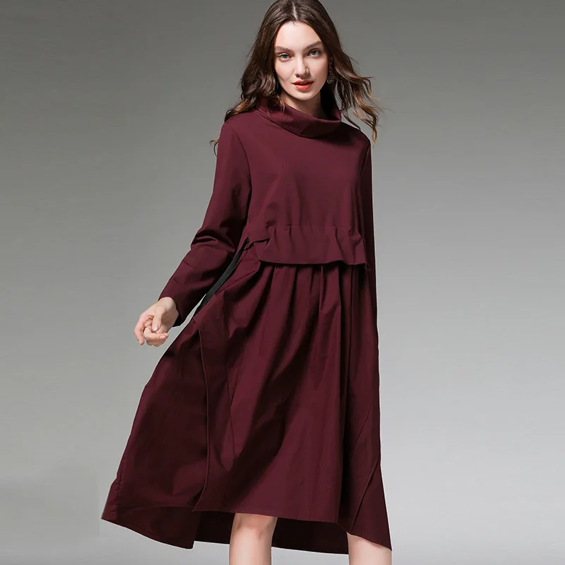 wine red LANMREM Новинка Весна и зима водолазка длинный рукав vestido стиль летучая мышь шнурок пуловер свободные вязаные платья WK05701 - Цвет: wine red