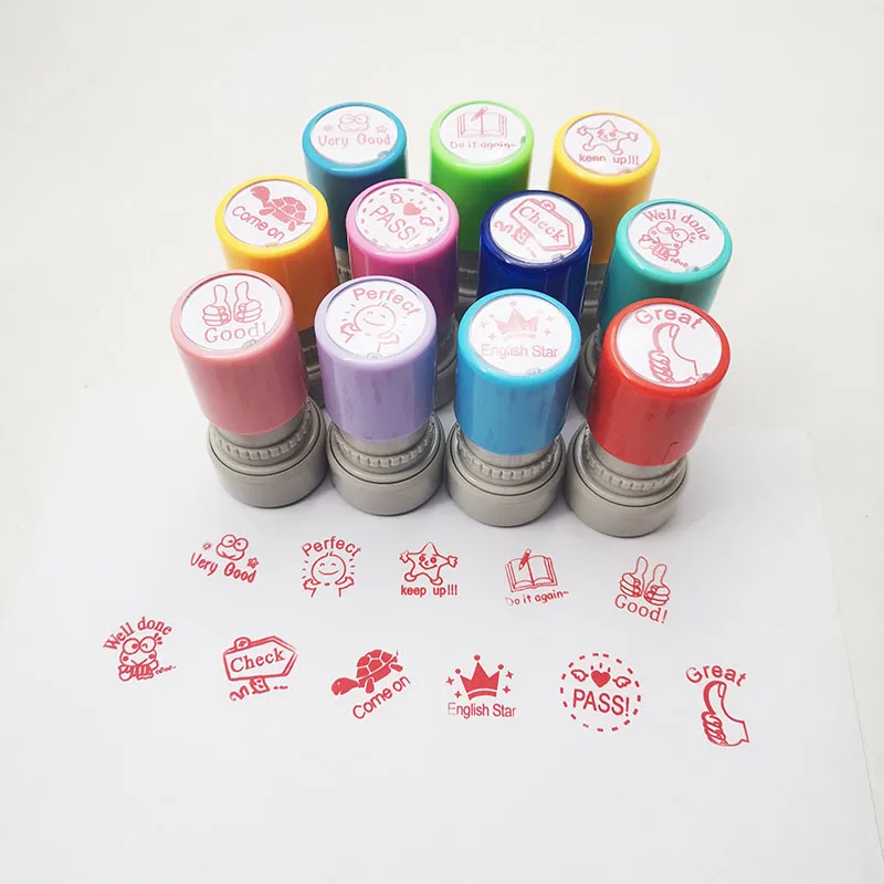Teacher Stamps English Remark Photosensitive Ink Stamp DIY Kindergarden Teacher Read Over Test Praise Cute Seals