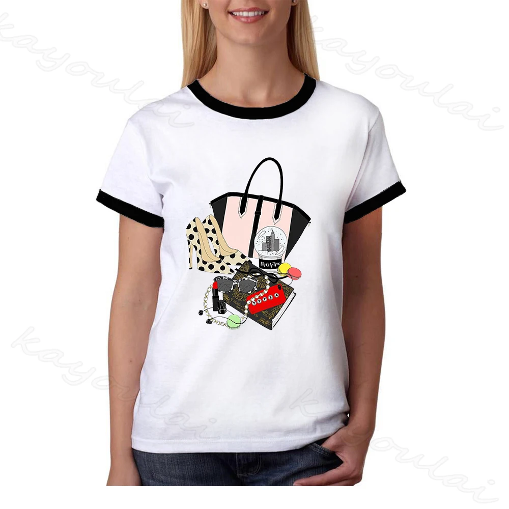 Fashion 2020 Summer Women Ringer T Shirt Vogue Luxury Brand Illustration High Heel Makeup Bag Print Harjuku Graphic Tees | Женская