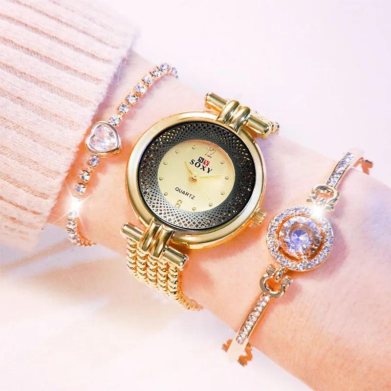 Роскошные женские часы набор из 3 предметов с кристаллами браслет нержавеющей