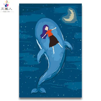 

Animal Big whale oil Painting By Numbers with kits DIY draw girl and Cartoon Anime whale Pictures By Numbers for room decor