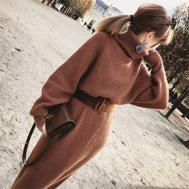 Прямая поставка Зимний женский свитер теплое платье Женский пуловер Водолазка с длинным рукавом теплый тонкий свитер вязаное платье с поясом