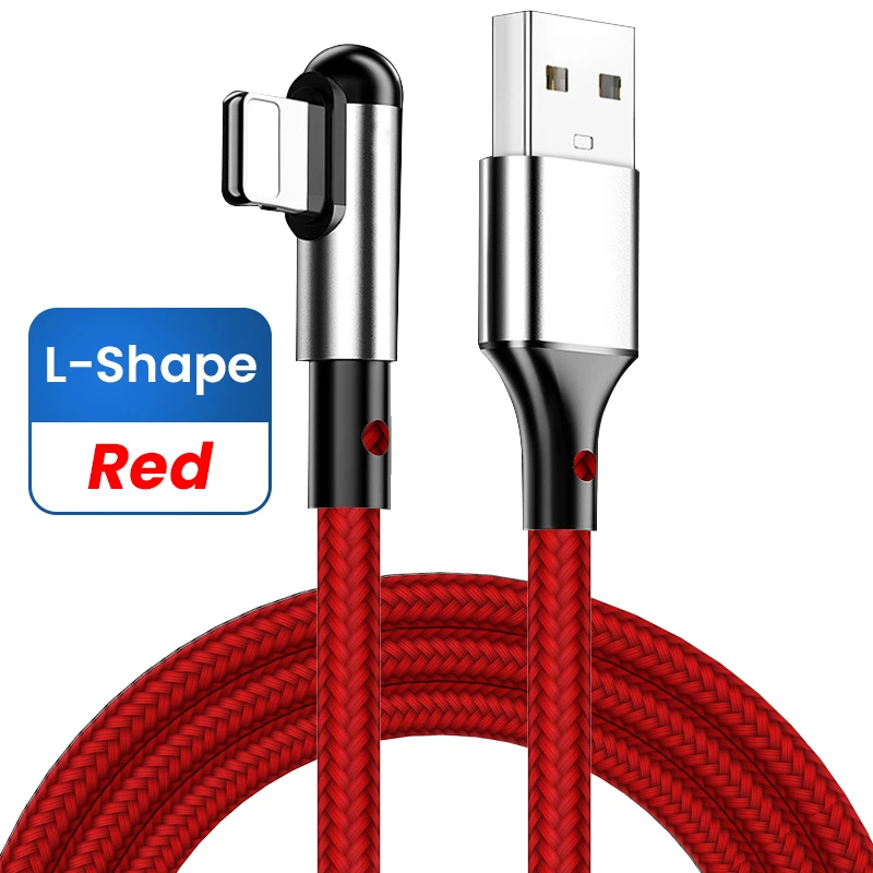 3A 90 Degree Fast Charging USB Cable For iPhone 13 12 11 Pro Max XS XR X 8 7 6 6S L-shape Nylon USB Wire Cord Alloy Phone Cable best fast charging cable for android Cables