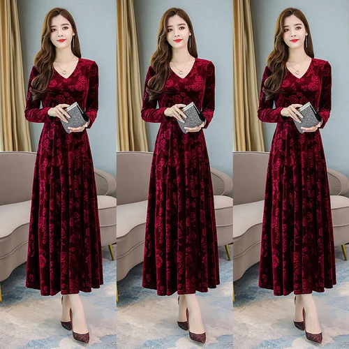 Осень Зима Новое поступление высокое качество элегантный v-образный вырез цветочный принт длинный рукав женское длинное платье из плюша размера плюс M-3XL - Цвет: Красный