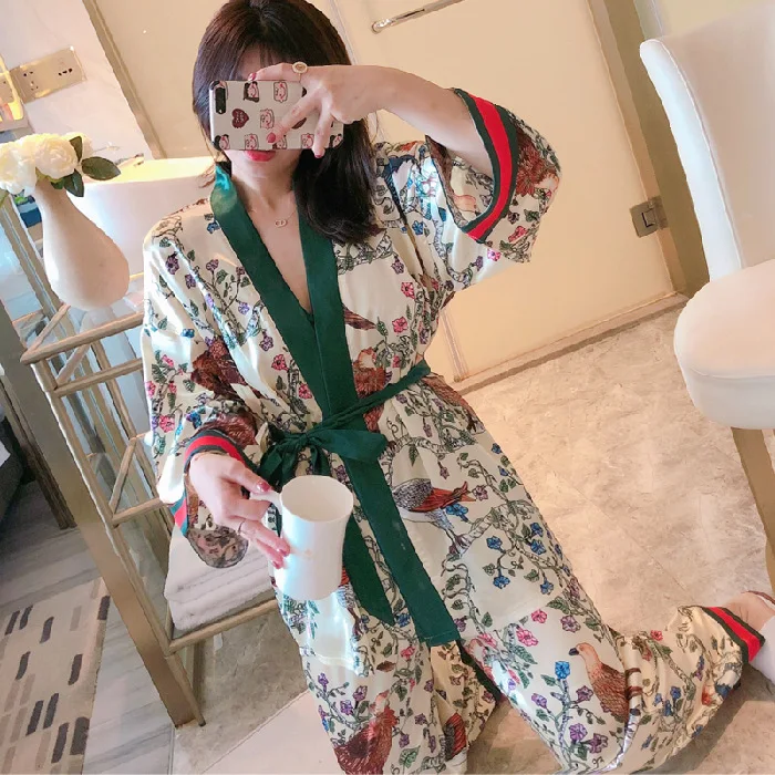 

Spring And Autumn WOMEN'S Long Sleeve Imitated Silk Fabric Japanese Style Kimono Three-piece Set Young And Middle-aged Printed C