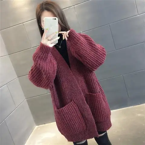 wine red Новинка, длинный кардиган, женский, длинный рукав, вязанный, твист, джемпер, кардиганы, Осень-зима, однотонный, с карманами, свитера,, Pull Femme - Цвет: wine red