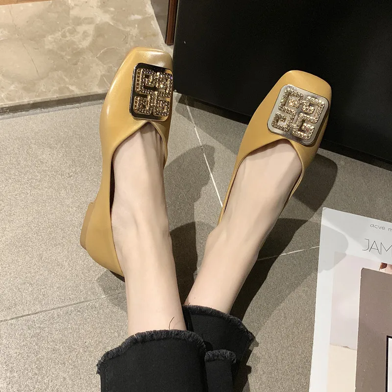 

Autumn New Style Flat Heel Square Head Shallow Mouth Single Shoes Women's Metal Square Buckle Retro Flat Top Shoes Soft Bottom I