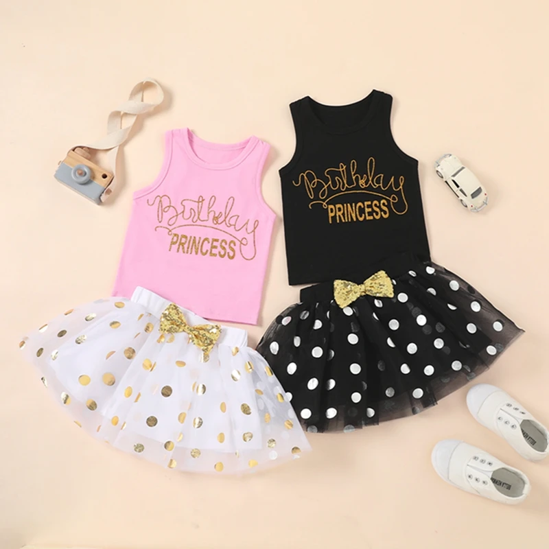 

2-Piece Girls Summer Sportswear Suit Letter Print Vest + Sequined Mesh Elastic Waist Skirt Suit Children 3-8 Years Old