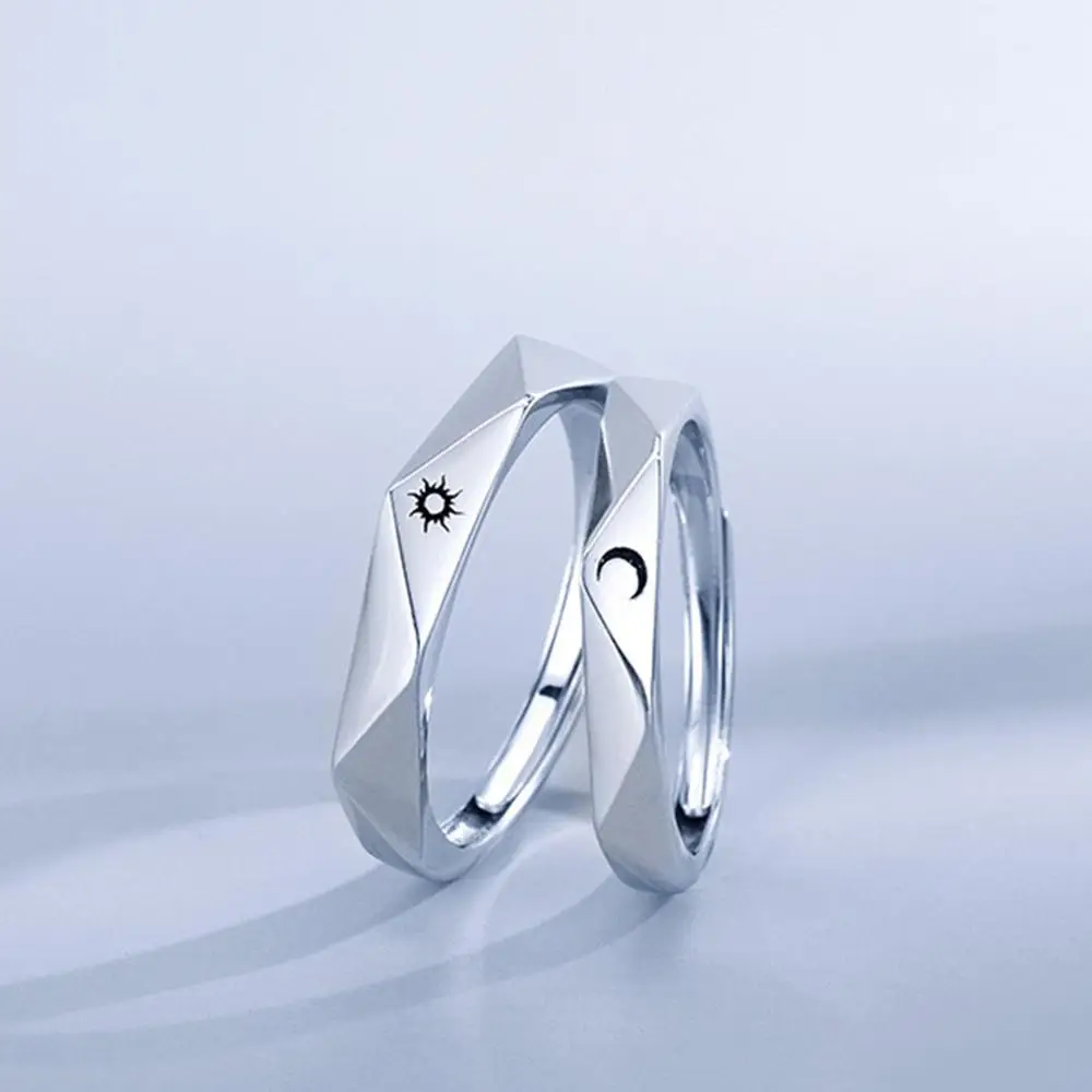 Парное Открытое кольцо с солнцем и луной минималистичное серебряное