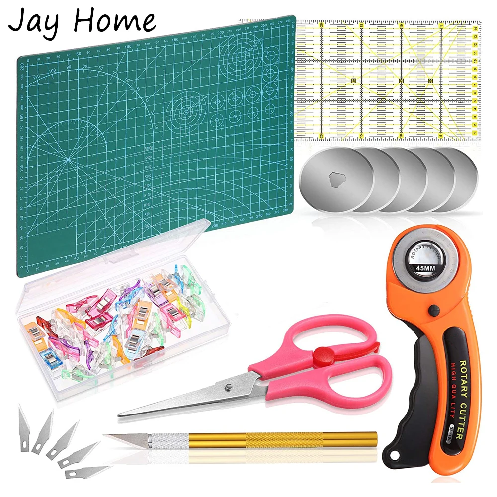 

45mm Rotary Cutter Tool with 5 Replacement Blades & Cutting Mat & Patchwork Ruler & Carving Knife for Sewing Quilting Supplies