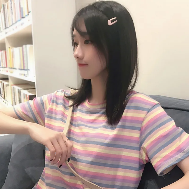Новая футболка Женские радужные полосатые топы Harajuku футболка модная полосатая хлопковая футболка с коротким рукавом Свободные базовые футболки H8 H8