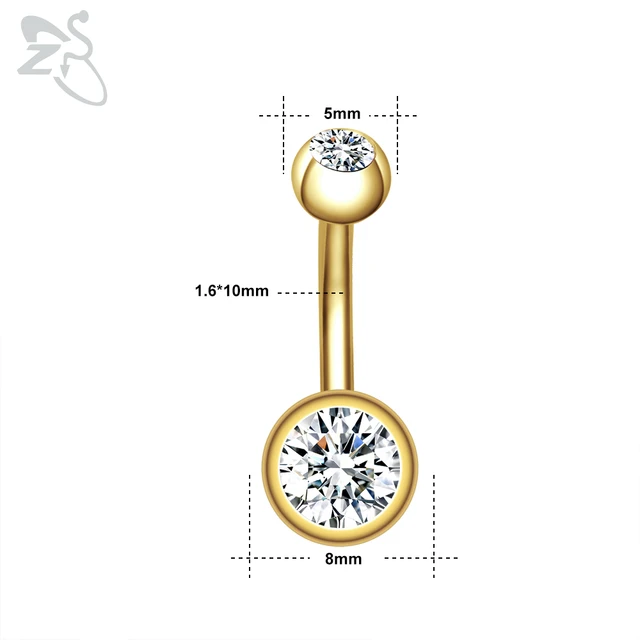 ZS 1 Piece Gold Color Stainless Steel Belly Ring Flower Heart CZ Crystal Navel Belly Button Rings Butterfly Navel Piercings 14G Style 1