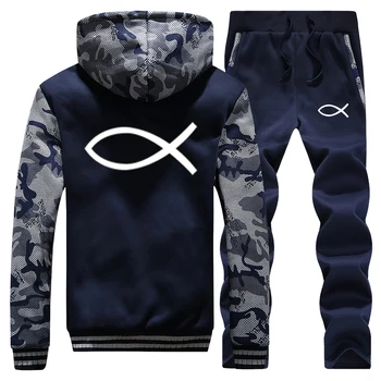 

JESUS Fish Mens Tracksuit Set Christian Pattern Male Thick Sports Sets Thick Trouser Winter Brand 2 Piece Suit Biker Hoodie Coat
